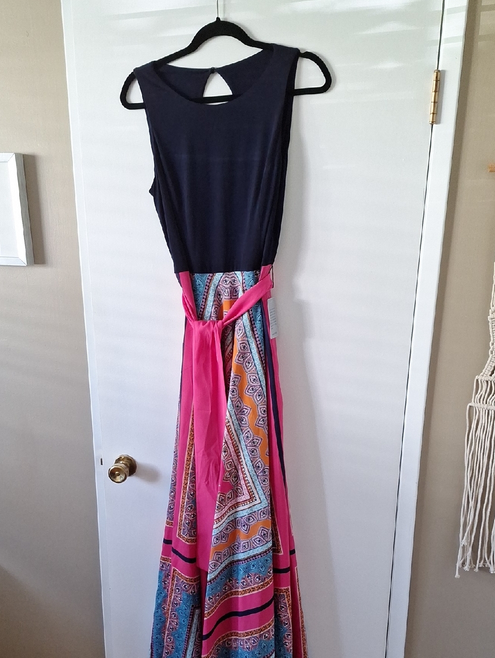 Eliza J Sleeveless Black Bodice with Pink & Blue Printed Maxi